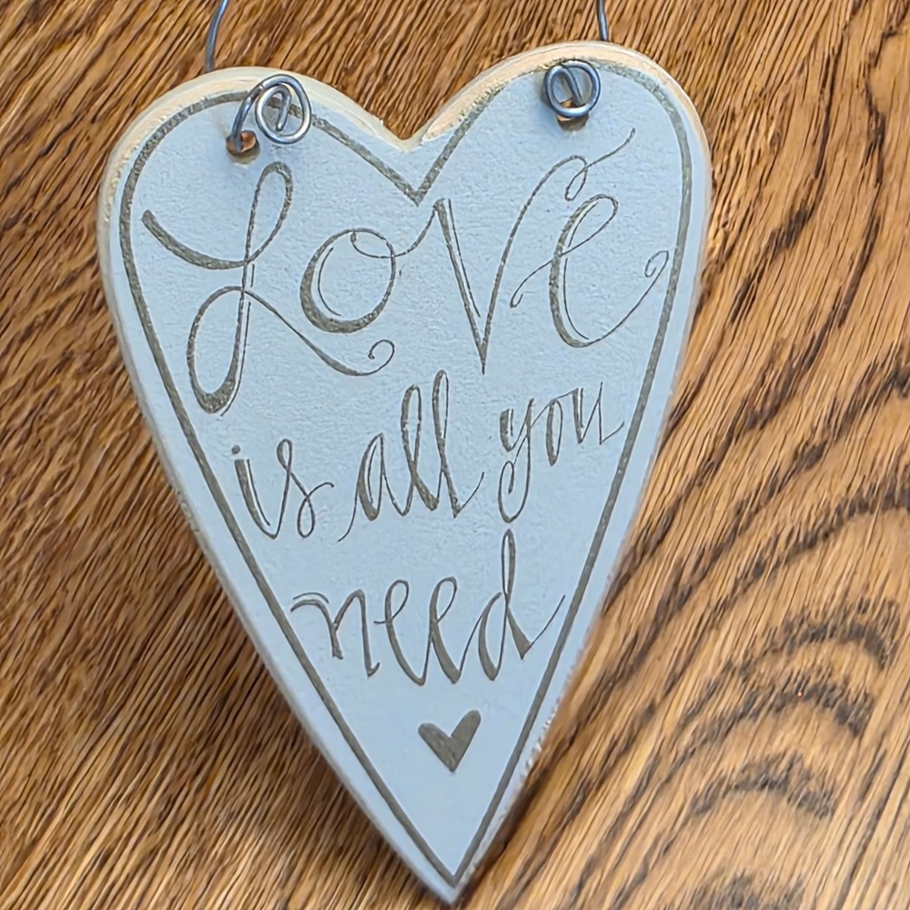 Rustic Wood White Heart Wall Hanging Ornament Love Is All You Need Gold Script